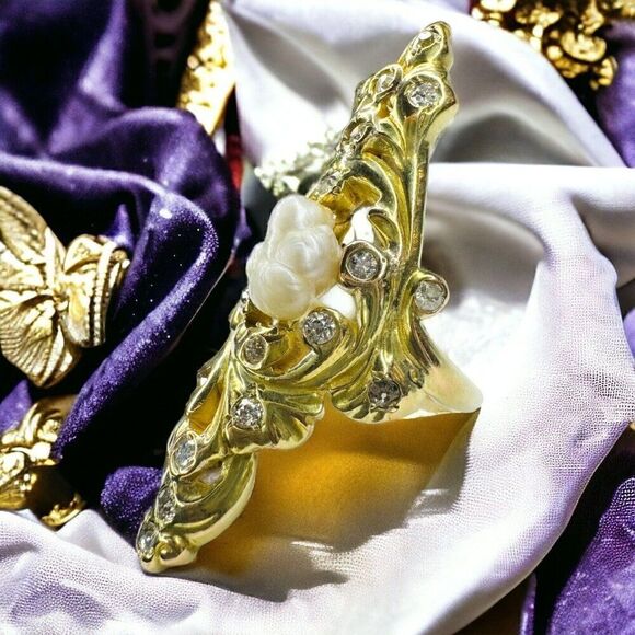 14k Gold Antique Diamond Baroque Pearl Ring Size 6.5 Victorian Art Nouveau 9.9g - Picture 15 of 16